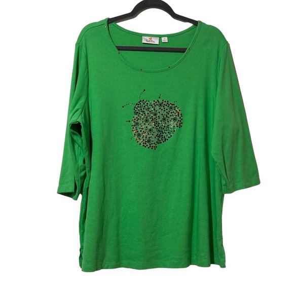 Quacker Factory women's size 1X green rhinestone ladybug  3/4 sleeve cotton top - Picture 1 of 6